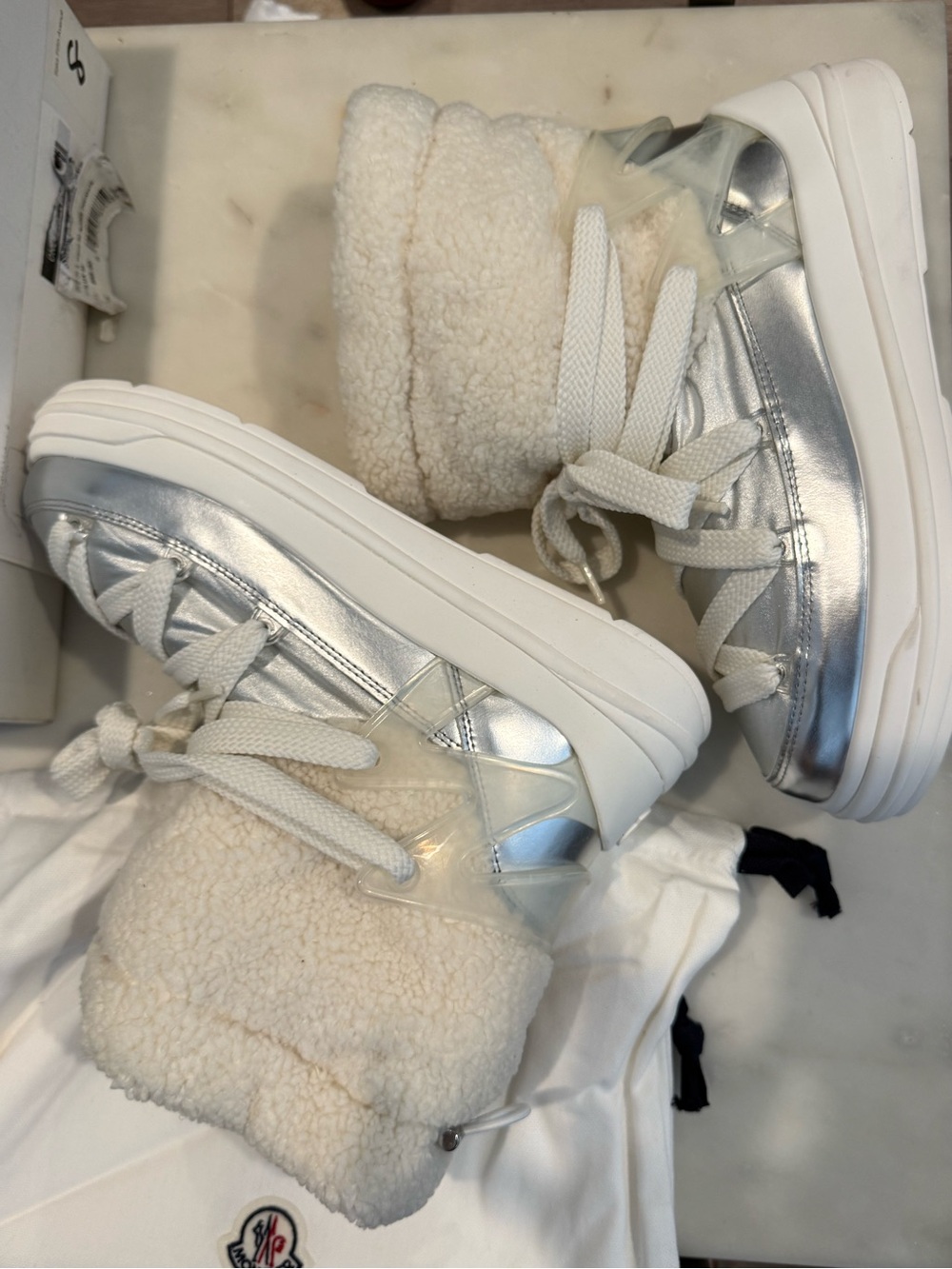 Moncler Silver & White Kids Sherpa-Lined High-Top Boots